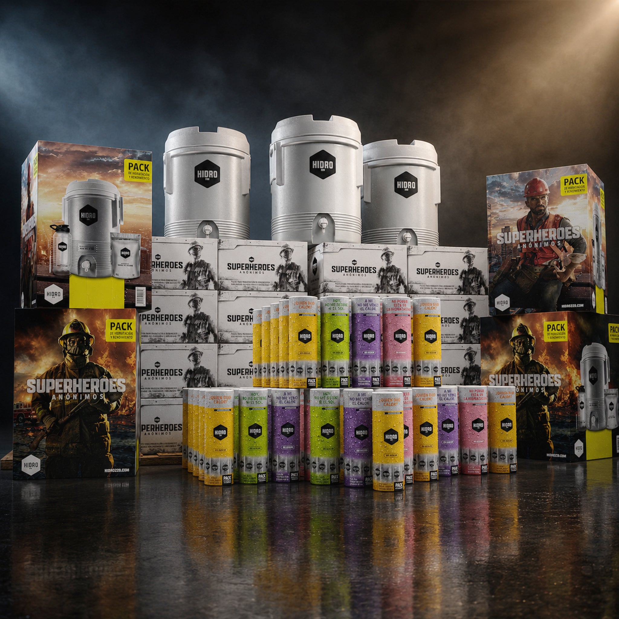 Bundle - 90 Cajas 20 Lts, 4 Cajas Kit Termo 20 Lts, 100 Cilindros 1 Lt y 3 Termos de hidratación 20 Lt